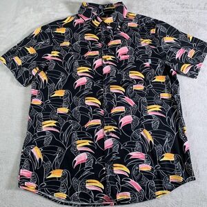 Hurley Shirt Mens Large Black Toucan Hawaiian Stretch Button Up Short Sleeve‎